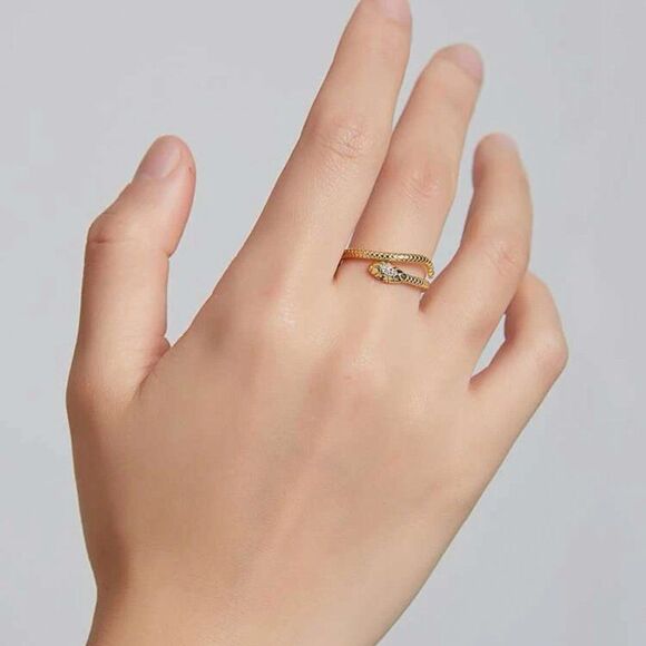 Minimalist 925 Sterling Silver 18K Gold Plated Adjustable Textured Snake Ring - Picture 5 of 7